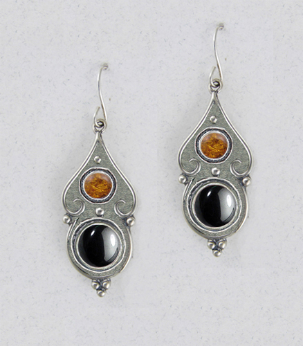 Sterling Silver Hematite And Amber Gemstone Drop Dangle Earrings